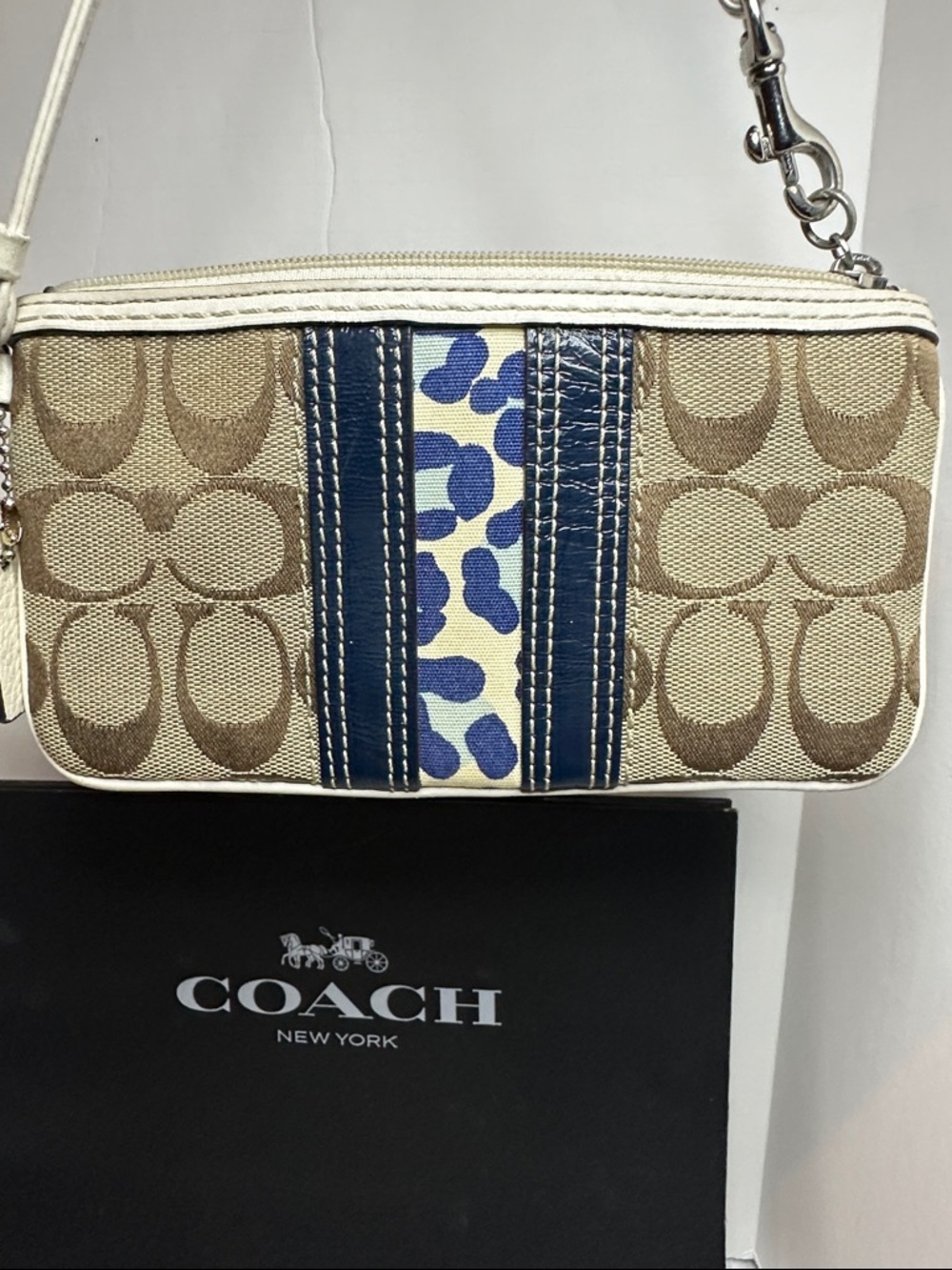 Coach Tan Signature Canvas Wristlet with Navy and Cream Accents - Picture 9 of 9